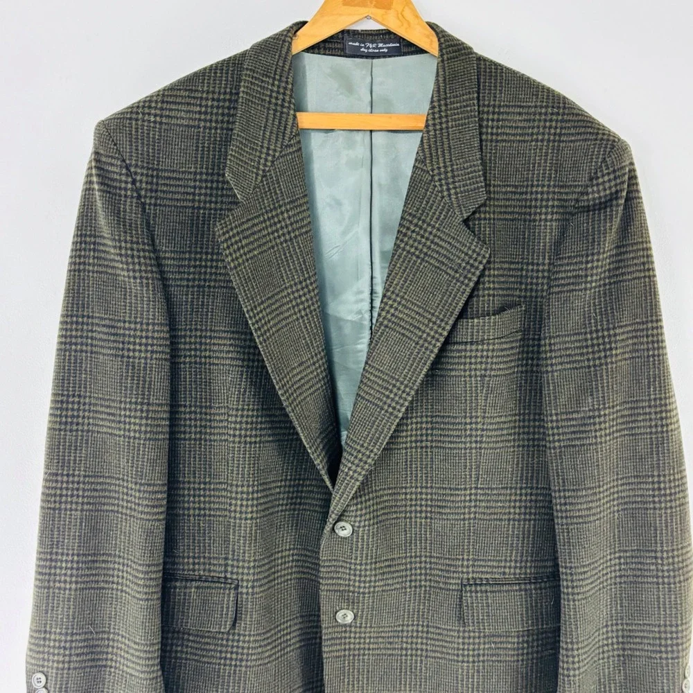 Gianfranco Ruffini Italy Plaid Tweed Cashmere Blend Blazer Olive Green Plaid 48